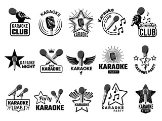 Karaoke event. Music party symbols emblems with microphone singers concept logos record studio recent vector pictures. Illustration karaoke music logo, sound label karaoke