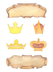 Watercolor Old vintage scroll papers. Banners Medieval royal ribbons.