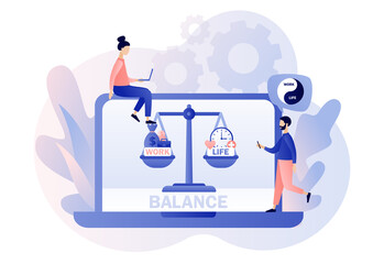 Fototapeta na wymiar Work and life balance. Scales as symbol of life balance. Tiny people keep harmony choose between career and money versus love and time. Leisure or business. Modern flat cartoon style. Vector