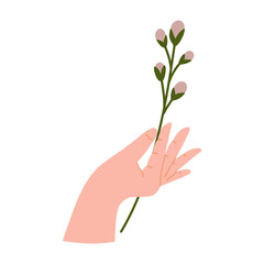 Hands gesture holding bouquets or bunches of blooming abstract lilac flowers illustration.