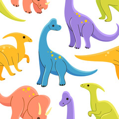 Cartoon dinosaur - seamless trendy pattern with ceratops, parasaurolophus, brachiosaurus,  stegosaurus. Flat illustration on white background.