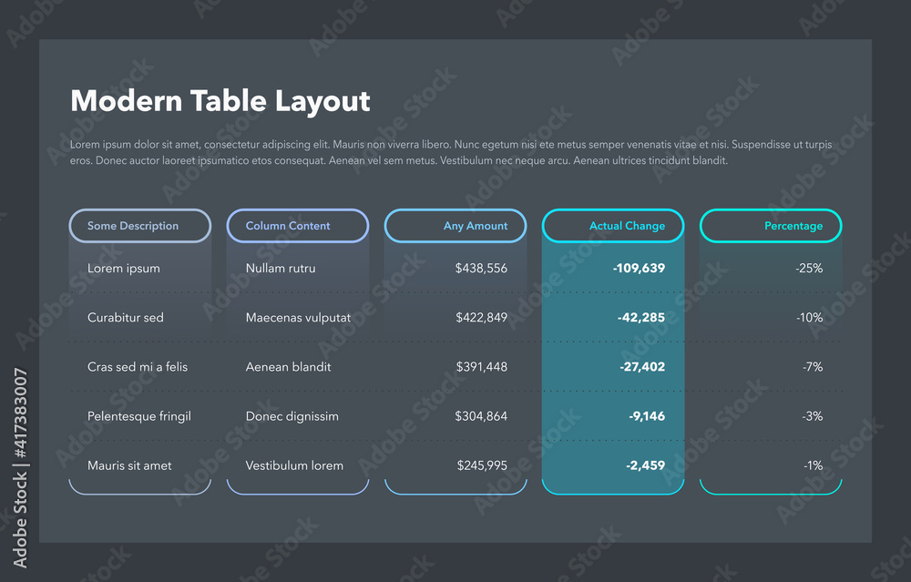 Leinwandbilder Modern business table layout template - dark version. Flat design, easy to use for your website or presentation.