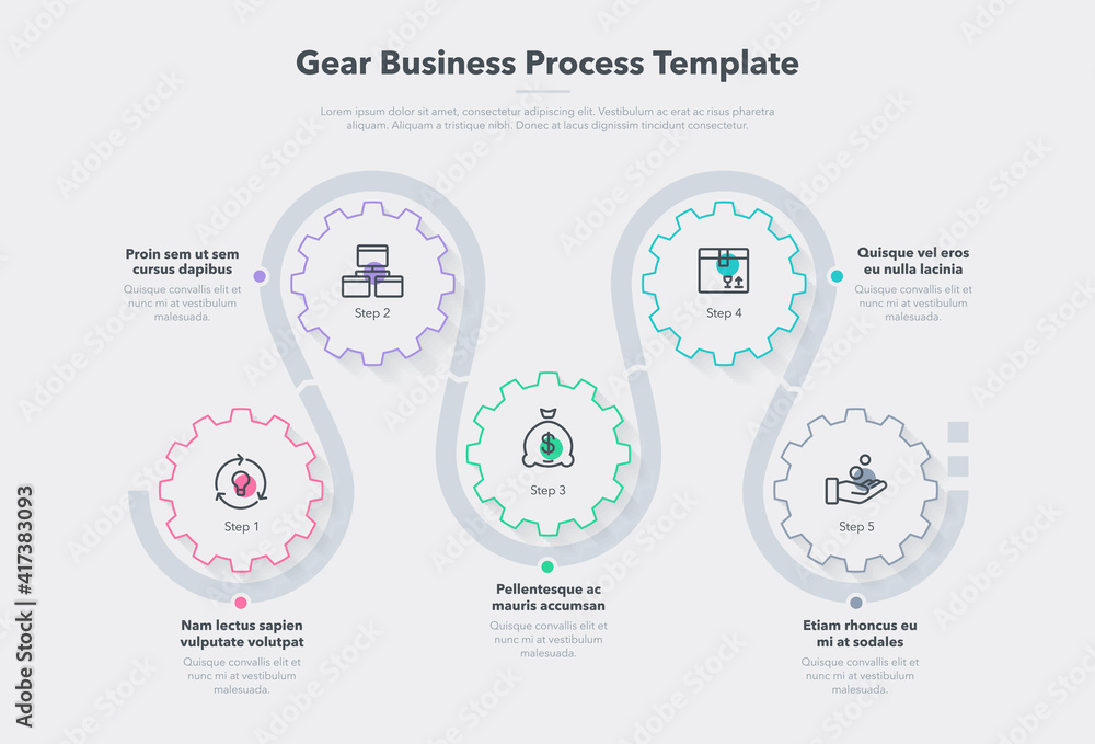 Aufkleber Modern gear business process template with 5 steps. Easy to use for your website or presentation.