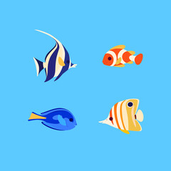 Naklejka premium Group of fishes - coral fishes isolated on blue background. Clown fish, butterfly fish, fish surgeon and moorish idol fish. Illustration in colorful style.