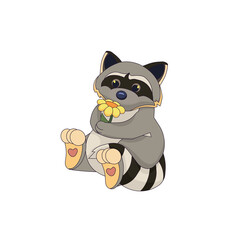 Cute cartoon Raccoon with a flower on white isolated background, vector raccoon in Cartoon style, isolated animal, concept of Nature and Fauna, Wild Animals and Wildlife, Cartoon Animals and Pets.