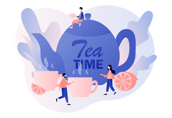 Tea time concept. Hot drinks party. Tiny people drinking tea. Big kettle, cups, lemon slice and sugar cubes. Modern flat cartoon style. Vector illustration on white background