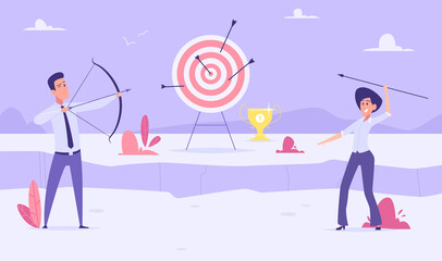 Businessman shooting to goal. Leadership managers with bow professionals working exact vector concept illustration. Archery businessman, challenge achievement competition