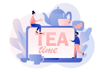 Tea time - text on laptop screen. Hot drinks party online. Tiny people drinking tea. Kettle, cup, lemon slice and sugar cubes. Modern flat cartoon style. Vector illustration on white background