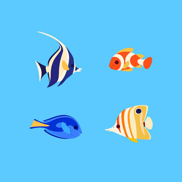 Group of fishes - coral fishes isolated on blue background. Clown fish, butterfly fish, fish surgeon and moorish idol fish. Illustration in colorful style.
