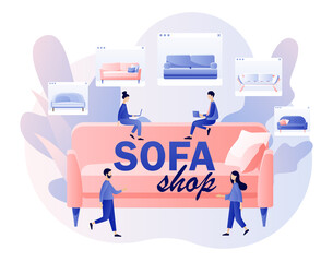 Sofa shop online. Furniture and home accessories store. Tiny people shopping furniture and home decor. Modern flat cartoon style. Vector illustration on white background