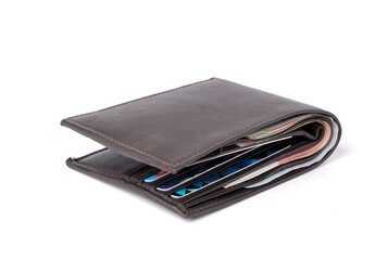 Sideview isolated of Brown leather Money wallet with banknote and credit card on white background.