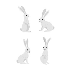 Cartoon hare icon set. Cute animal character in different poses. Illustration for prints, clothing, packaging, stickers.
