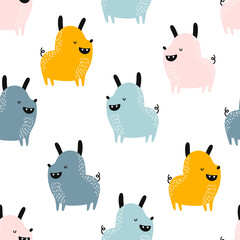 Vector hand-drawn color seamless repeating childish simple pattern with cute dogs in Scandinavian style on a white background. Trendy scandinavian vector background. Dogs print. Cute animals. Pets.