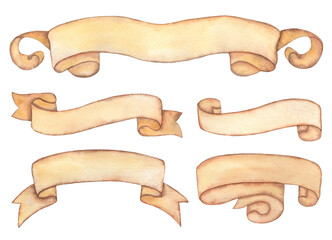 Watercolor Old vintage scroll papers. Banners and ribbons.