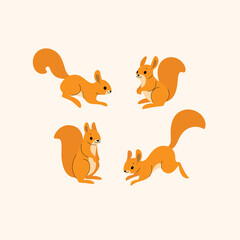 Obraz na płótnie Canvas Cartoon squirrel icon set. Cute animal character in different poses. Illustration for prints, clothing, packaging, stickers.