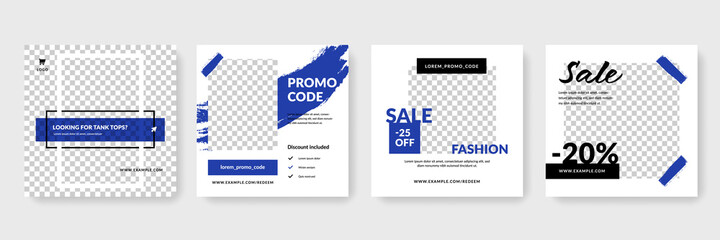 Creative sale social media templates, editable instagram and facebook post layouts with blue accent, classic blue brush background