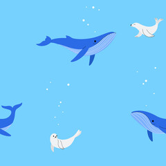 Simple seamless trendy animal pattern with blue whale and seal. Cartoon illustration.