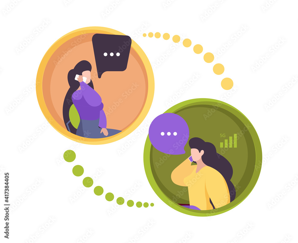 Sticker phone dialogue. two persons smartphone communication calling characters garish vector flat illustrat