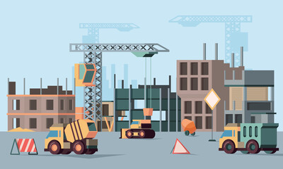 Urban building construction. Stages of big construction skyscraper in city various professional vehicles for builders garish vector background flat ortogonal. Industrial development urban illustration