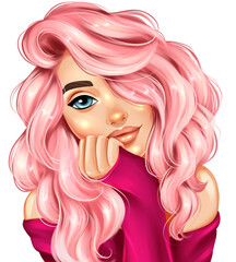 Beautiful girl with pink hair portrait. Hand drawn girl fashion illustration