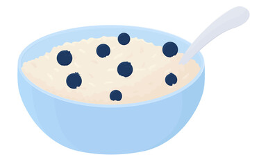 Oatmeal with blueberry vector illustration isolated on white background. Breakfast bowl, cup of oat grain porridge. Food icon. Cartoon muesli, flakes for healthy sweet nutrition.