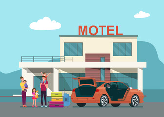 The family arrives at the motel and unloads their luggage from the trunk of their car. Vector flat style illustration. © lyudinka