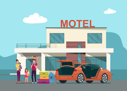 The family arrives at the motel and unloads their luggage from the trunk of their car. Vector flat style illustration.