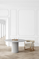 White classic interior with round table, chair, wall panel and moldings. 3d render illustration mockup
