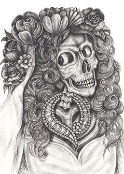 Bride skull day of the dead.Hand drawing on paper.
