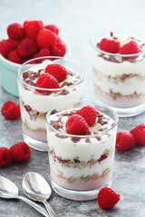 Granola with yogurt trifles with raspberry