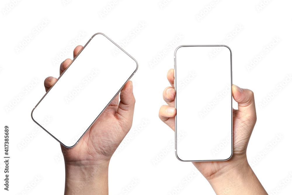 Poster isolated of two angels views of hand holding smartphone with blank screen frame on white background 