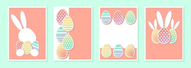 Set of Easter backgrounds in paper style with copy space. Design for greeting card, banner, flyer and invitation. Vector stock illustration. 