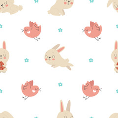 Cute seamless pattern with cute Easter bunnies and birds. Traditional symbol of Easter. Funny animals in different poses.