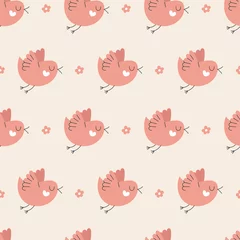 Muurstickers Simple cute stylized birds on a white background. Seamless pattern for packaging, wallpaper, paper, scrapbooking. Kids decor © Анна Безрукова