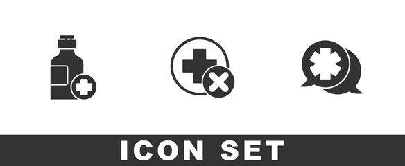 Set Bottle of medicine syrup, Cross hospital medical and Dialogue with the doctor icon. Vector.