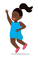 Happy school African kid wearing blue dress and jumping. Cartoon character has fun, runs, jumps, plays. Afro girl illustration vector isolated