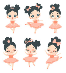 Doodle style flat vector pink ballerina with black hair set © Bonbonny