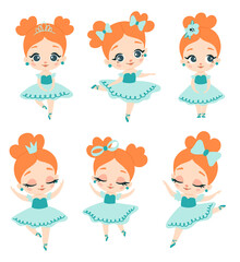 Doodle style flat vector ballerina with red hair set