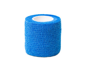 Blue elastic bandage on white background, isolate, close-up. Bandage for fixing joints and dislocations