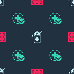 Set Pills in blister pack, Cross hospital medical tag and on seamless pattern. Vector.