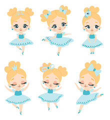 Doodle style flat vector blue dress ballerina with blonde hair set © Bonbonny