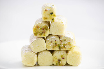Stacked Kaju Pista Roll Or Cashew Pistachio Rolls Mithai Is Made Of Grated Cashews Mixed With Crumbled Khoya Mawa Kesar Mava Elaichi Khoa In Desi Ghee And Blanched With Almonds And Dry Fruits