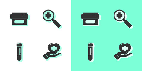 Fototapeta premium Set Heart with a cross, Ointment cream tube medicine, Test blood and Magnifying glass for search medical icon. Vector.