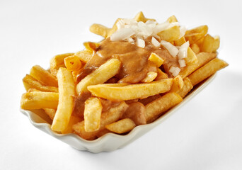 Crispy French fries with mustard sauce and onion