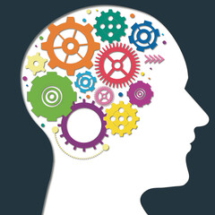 Silhouette human head with gears. Creative idea generation icon. Thinking brain illustration