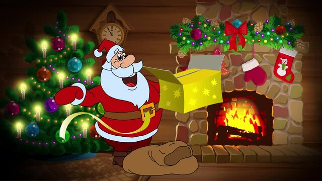 Christmas animated card Santa Claus at the house in forest. Part 5. Santa pulls a Christmas gift out of the bag and greeting text Happy New Year
