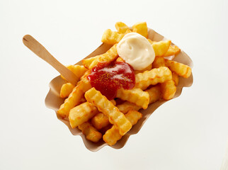 Tasty French fries with salsa and mayo in disposable container