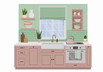 kitchen isolated on a white background. The lovely kitchen is green and pink with a large window, stove, sink, kettle, dishes and home flowers. Interior design