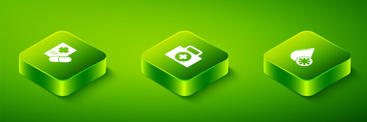 Set Isometric First aid kit, Blood test and virus and Medical prescription icon. Vector.