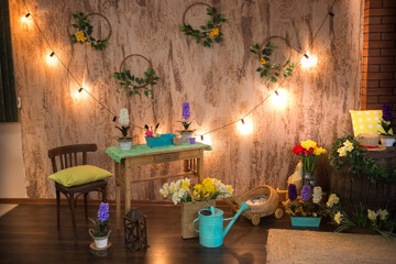 Spring interior photo zone in rustic style.